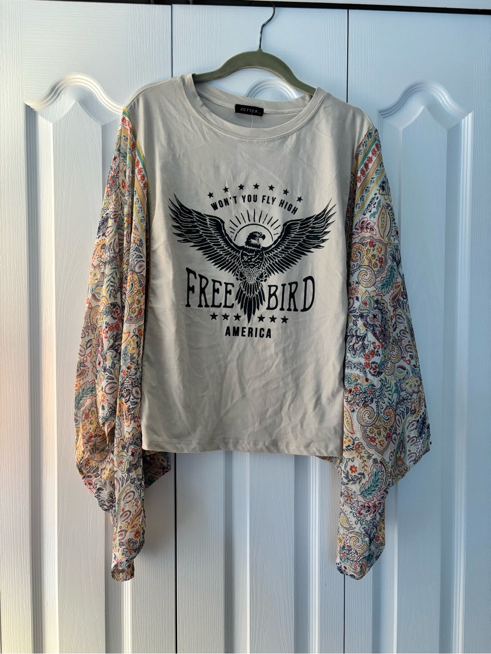 Free Bird Graphic Shirt with Paisley Flowy Sleeves